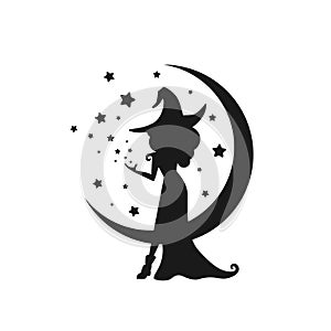 Black witch with stars and crescent in the night sky. Half moon and stars and hag in hat