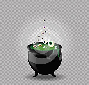 Black witch steaming pot cauldron with green boiling potion eyeballs isolated.