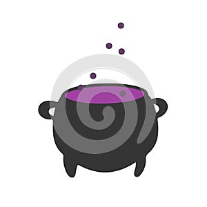 Black witches cauldron with potion. Vector illustration.