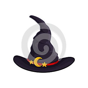 Black wizard hat with red ribbon. Vector illustration on white background.