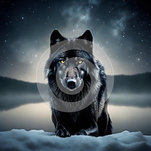 black wolf beneath a starry night