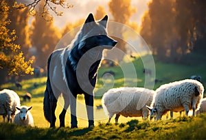 Black wolf among of a flock of sheep in a sunny autumn pasture near forest