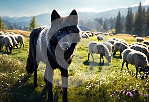 Black wolf in front of a flock of sheep in a sunny summer pasture near forest