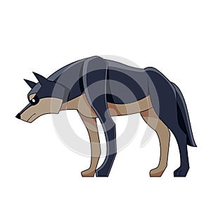 Black Wolf on the hunt. Canis lupus. Cartoon character of a dangerous mammal animal. A wild forest creature with dark
