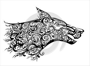 Black wolf ornate stylized head profile isolated on white in vector. Made by floral elements