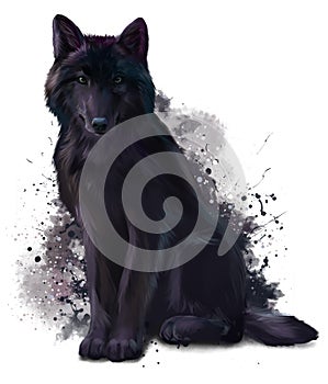 Black wolf sitting on the ground