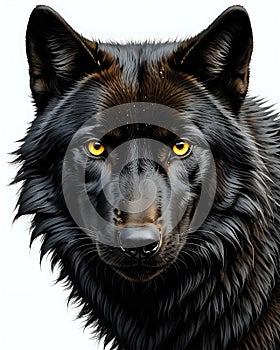 Black Wolf with yellow eyes isolated on white background