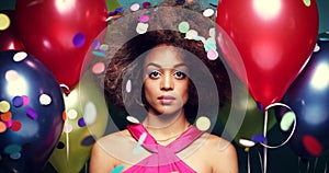 Black woman, afro or party balloons with confetti, bored facial expression and fashion clothes in birthday event or