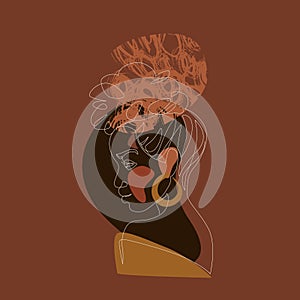 Black woman afro portrait with geometric shapes background. Female profile continuous line art