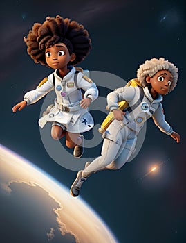 Black woman astronaut in technical garment floating in the space illustration character