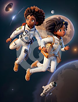 Black woman astronaut in technical garment floating in the space illustration character