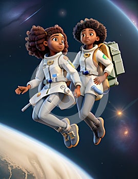 Black woman astronaut in technical garment floating in the space illustration character
