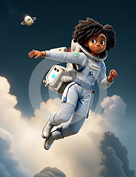 Black woman astronaut in technical garment floating in the space illustration character