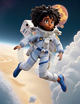 Black woman astronaut in technical garment floating in the space illustration character