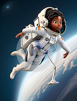 Black woman astronaut in technical garment floating in the space illustration character
