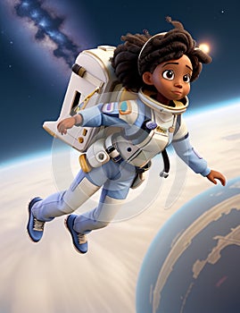 Black woman astronaut in technical garment floating in the space illustration character