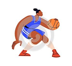 Black woman, basketball player playing sports game. Professional female athlete dribbling with ball, training. African