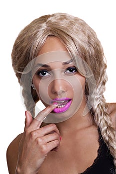 Black Woman Blond Wig Finger In Mouth