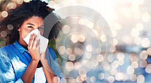 Black woman, blowing nose and allergies, sick with health fail on banner and bokeh, portrait and sinus infection