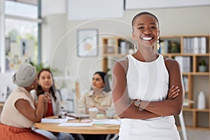 Black woman in business, smile in portrait and leadership, arms crossed and confident, pride and success in meeting