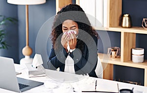 Black woman, business and tissue or blowing nose in office for allergies sneeze, virus or hayfever. Female person, sick photo