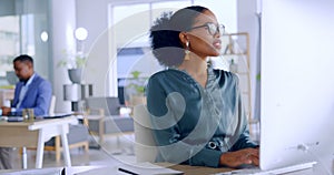 Black woman in business, typing at computer in workplace, writing project proposal with focus and technology. Female