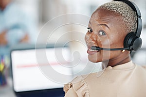Black woman, call center and face with headphones for consulting, customer service or support at office. Portrait of