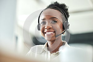 Black woman, call center portrait and phone consultation with a smile in a office with work. Telemarketing, consulting