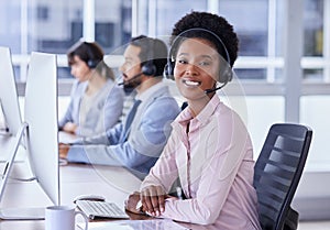 Black woman, call center and portrait smile in contact us for telemarketing, customer support or service at the office