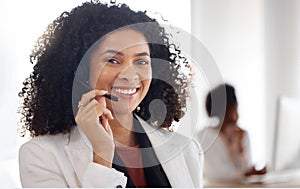Black woman, call center and portrait smile with headset mic for consulting, telemarketing or customer service and