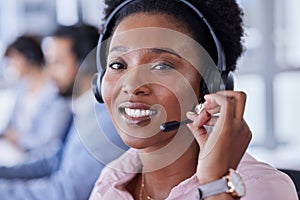 Black woman, call center and portrait smile for telemarketing, customer support or service at the office. Happy African