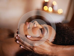 Black woman, closeup of hands on face and massage with masseuse, beauty and bodycare at spa for stress relief and