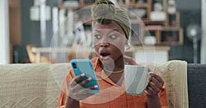 Black woman, coffee and shocked face with phone on house or home living room sofa with internet news, gossip or phishing