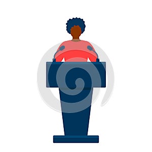 Black woman in conference suit on podium, tribune. Speech by people leader, businesswoman, head, teacher. Vector illustration