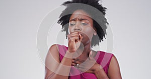 Black woman with cough, virus and respiratory problem with healthcare and flu isolated on studio background. African