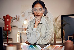 Black woman, creative designer and portrait in studio for inspiration, creativity motivation and color vision. African