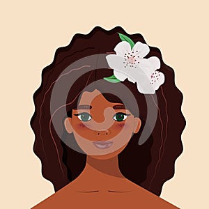 Black Woman with Curly Hair and Blooms.