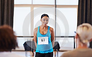 Black woman, dancer and smile with audition for competition with judges and passion for career. Female person, happy and photo