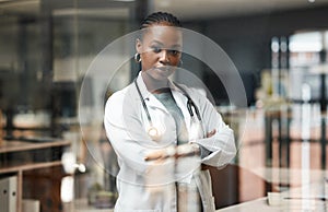 Black woman, doctor and confidence in office for medical with stethoscope, portrait of professional in healthcare