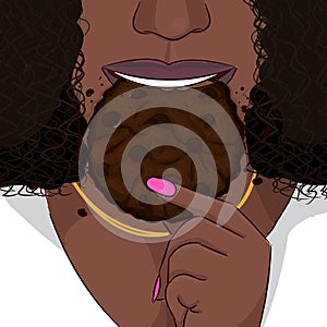 Black woman eat double chocolate cookie hand drawing portrait photo