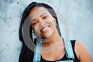 Black woman, face and freedom with a strong, independent or free female standing outdoor with a smile. Portrait of gen z