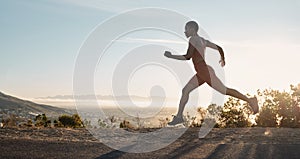 Black woman, fitness and running on mountain during sunset for workout, training or exercise in the nature outdoors