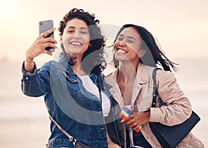 Black woman, friends and selfie at beach for sunset, bonding and summer happiness after work together. Women, smartphone