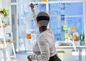 Black woman, glass and writing ideas for brainstorming with sticky note, storyboard with marketing plan at startup