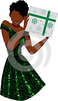 Black Woman in Green Sparkling Dress Holds Christmas Present