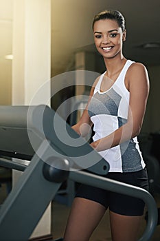 Black woman, gym and treadmill with smile for workout to exercise and fitness routine for health. Female person, happy