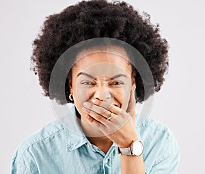 Black woman, hand cover mouth and studio portrait with comic laughing, secret or smile by white background. Girl, young