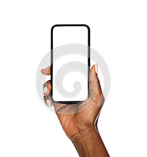 Black woman hand holding modern smart phone isolated on white background