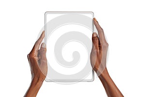 Black woman hand using digital tablet isolated on white background