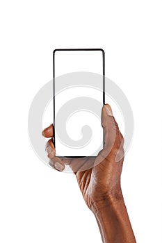 Black woman hand using phone on white background